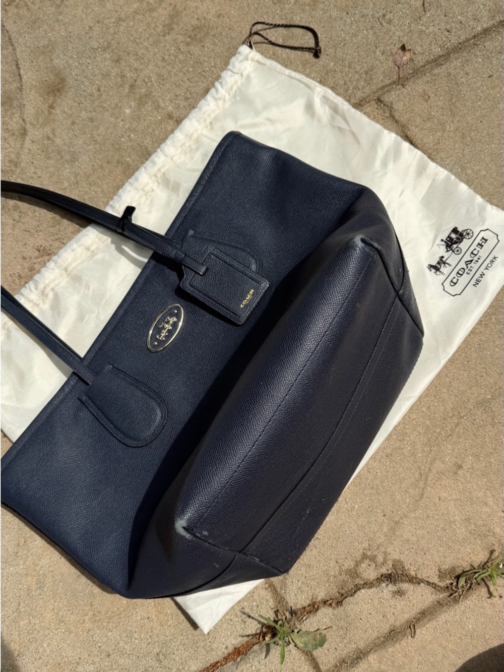 Coach Navy Leather Tote with Hangtag and Gold Logo